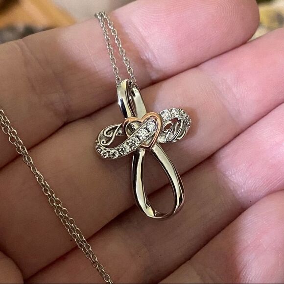 Cross CZ I Love You Sterling Silver Necklace - Picture 3 of 3